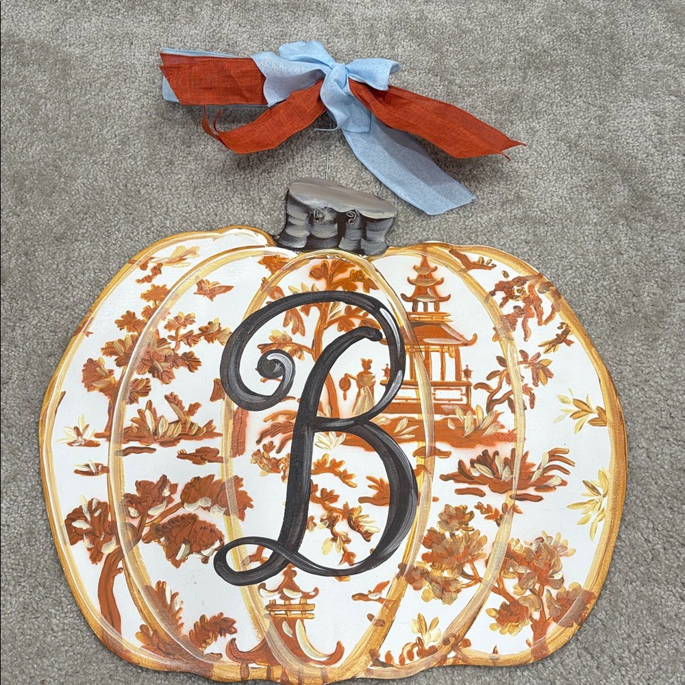 Decorative chinoiserie Pumpkin door Hanging with Ribbon and letter B